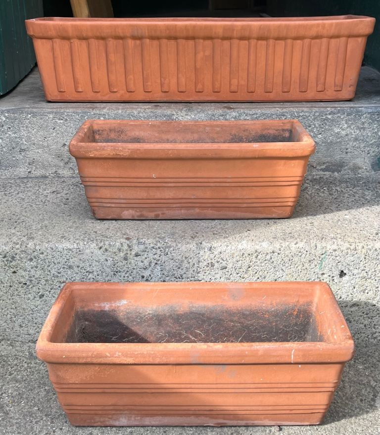 3 terracotta window boxes / rectangular planters