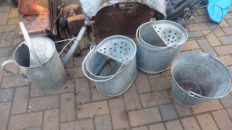 Vintage Galvanised Watering Can and 2 Mop Pails – Good Condition