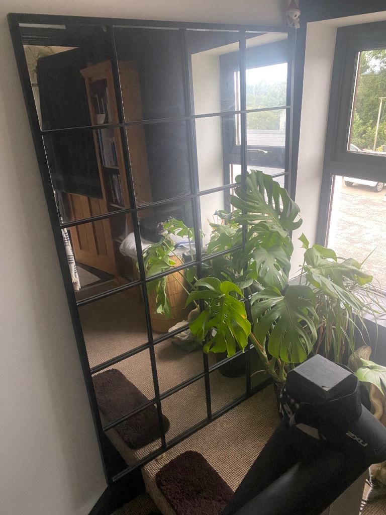 Large Black Metal Framed Grid Mirror