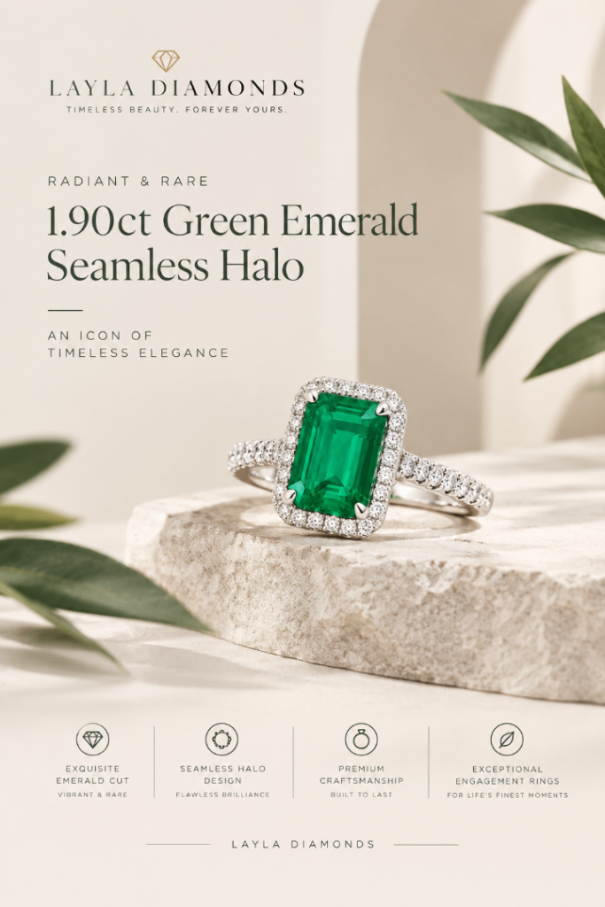 Layla Diamonds | 1.90ct Green Emerald Seamless Halo Engagement Ring