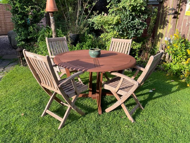 Hardwood Garden Furniture - Folding Round Table + 4 Chairs (Can Deliver) Good Condition