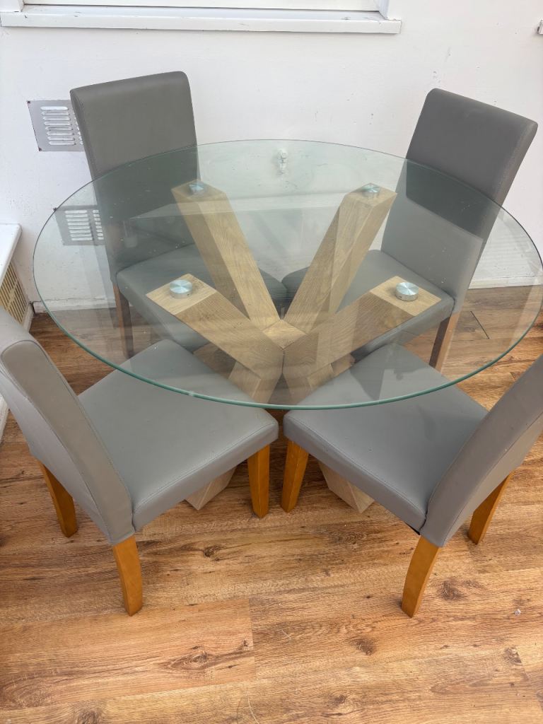Glass Top Dining Table with 4 Grey Chairs