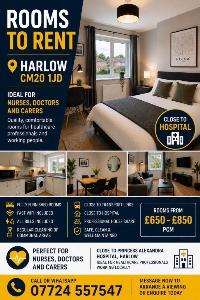 Rooms for Nurses, Doctors & Carers | Harlow CM20 | Bills Included