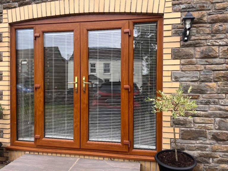 UPVC French Doors with Side Panels and Blinds – Brown, Good Condition