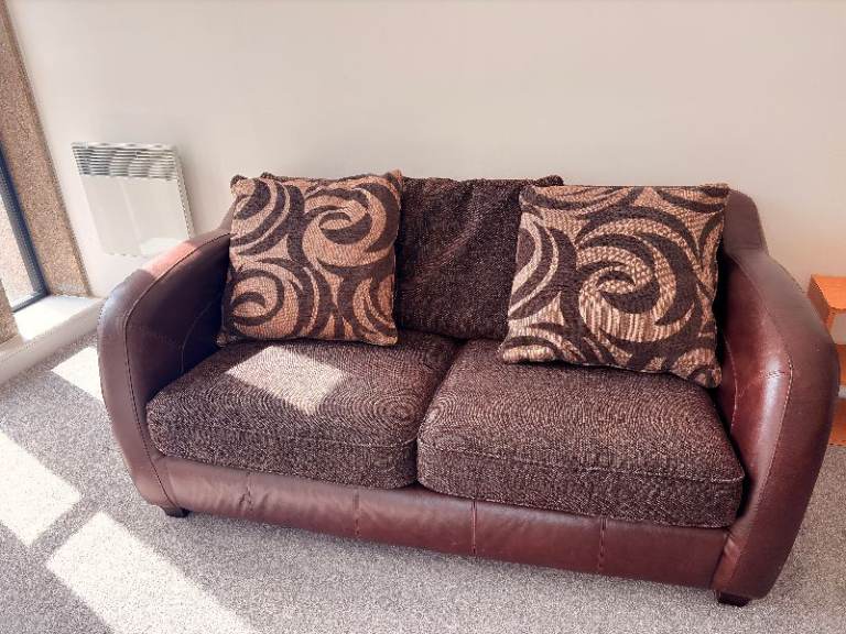 Two-Seater Brown Leather Sofa with Cushions – Good Condition