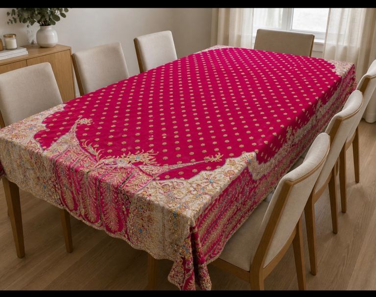 Luxury Handmade Embroidered Tablecloth – Gold & Fuchsia – Round / Dining Table Cover