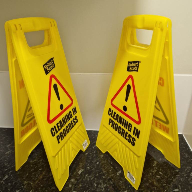 Cleaning In Progress / Wet Floor Yellow Signs x2