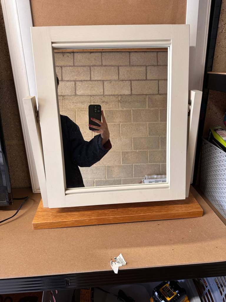 Cream Wooden Tabletop Mirror with Swivel Stan d