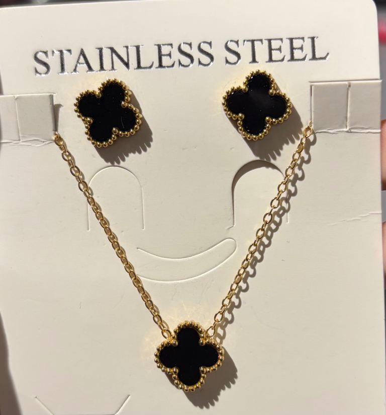 New Stainless Steel Gold and Black Clover Jewellery Set