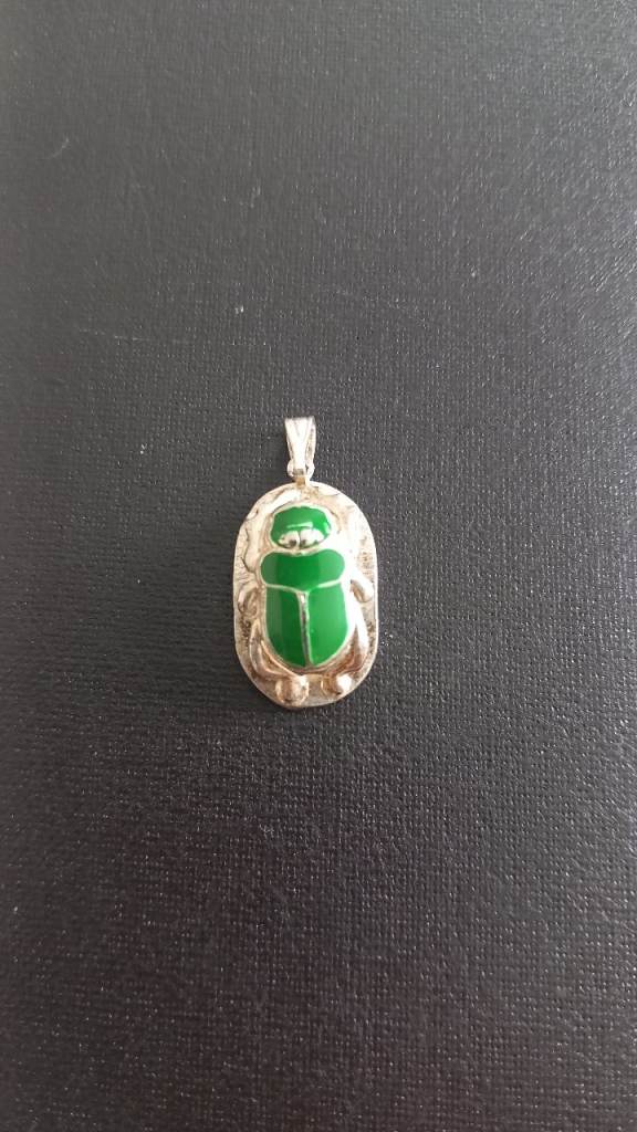 Good Condition Silver-Tone Scarab Beetle Pendant with Green Enamel