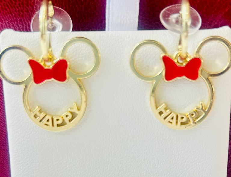 New Gold Minnie Mouse 'Happy' Earrings with Red Bows