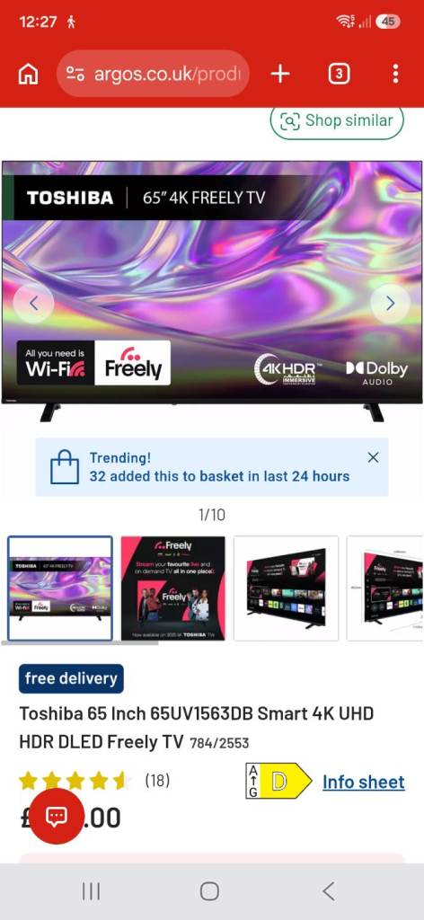 Toshiba UV1563DB 65" UltraHD 4K HDR Smart TV - 65UV1563DB