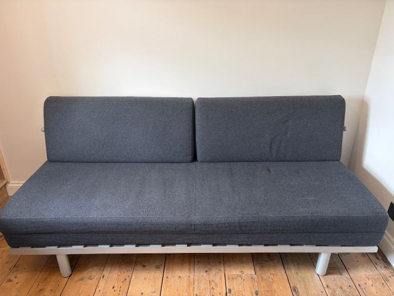 MUJI Double Futon Sofa Bed + Matching Foldable Mattress/Footstool – Felt Grey