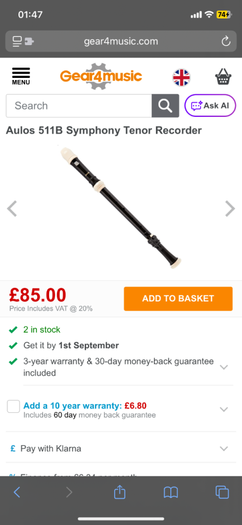 Aulos 511B Symphony Tenor Recorder -,