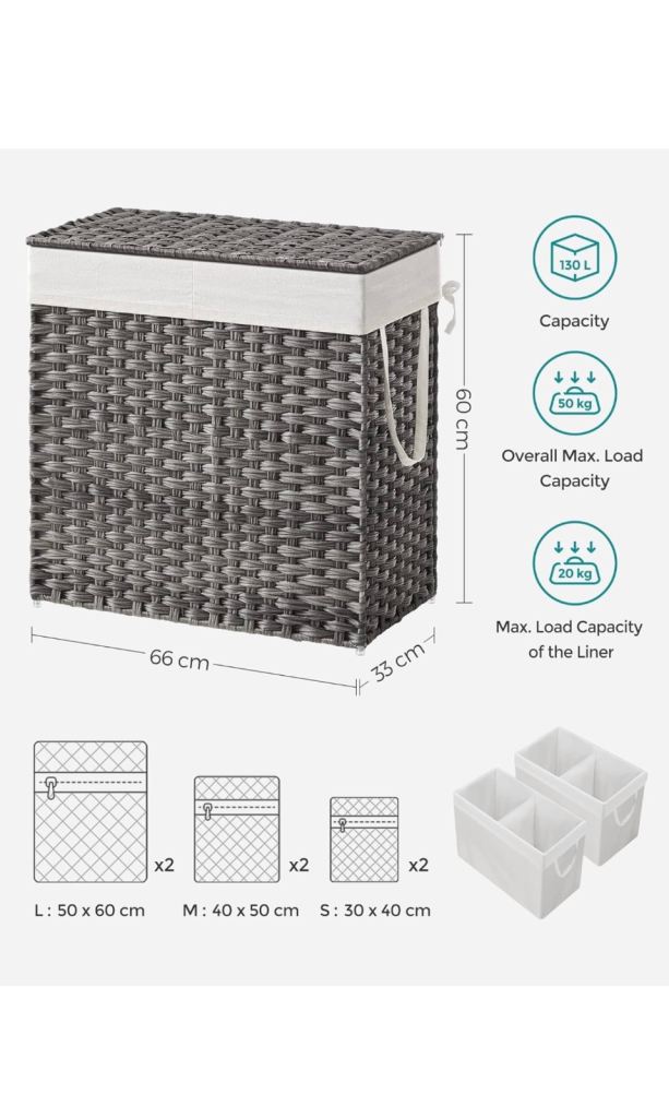 SONGMICS Laundry Basket 2 Compartments with lid 