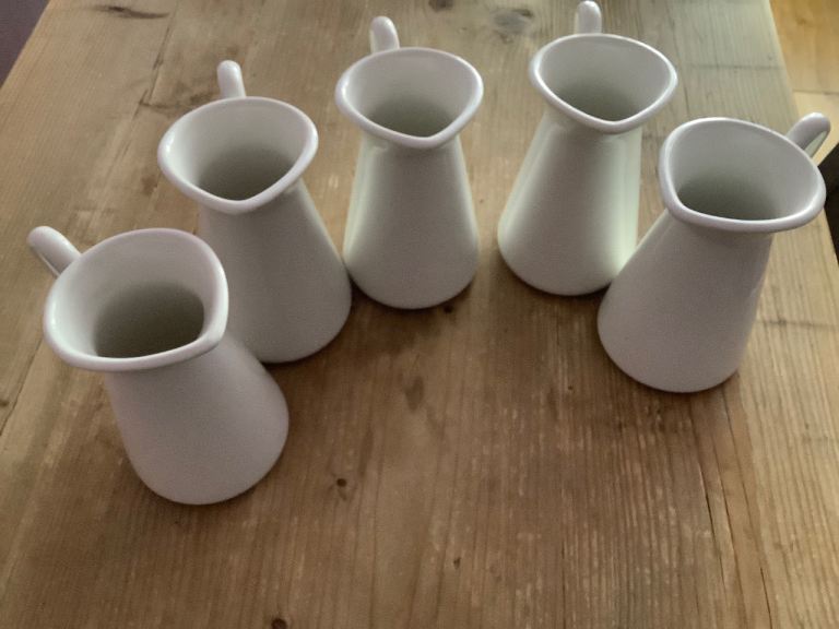 Five IKEA Enamel Milk Jugs – White, Good Condition