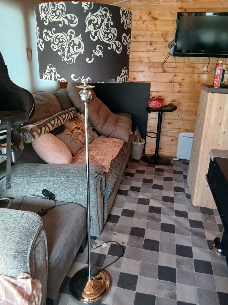 Chrome Floor Lamp with Patterned Black Shade – Good Condition