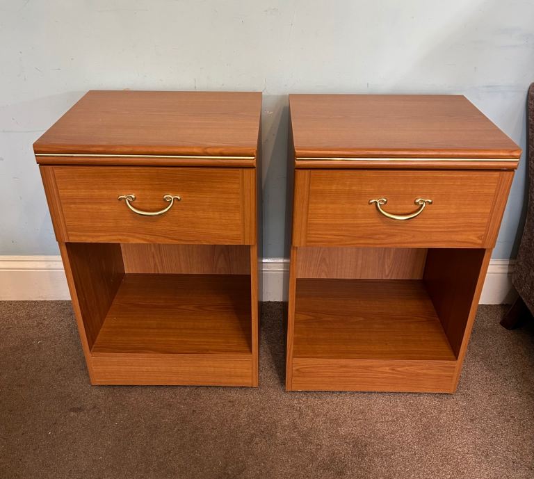 2 Wooden Bedside On wheels Drawer Gold coloured handles  H27in/69cm W18in/46cm D16in/41cm  J056