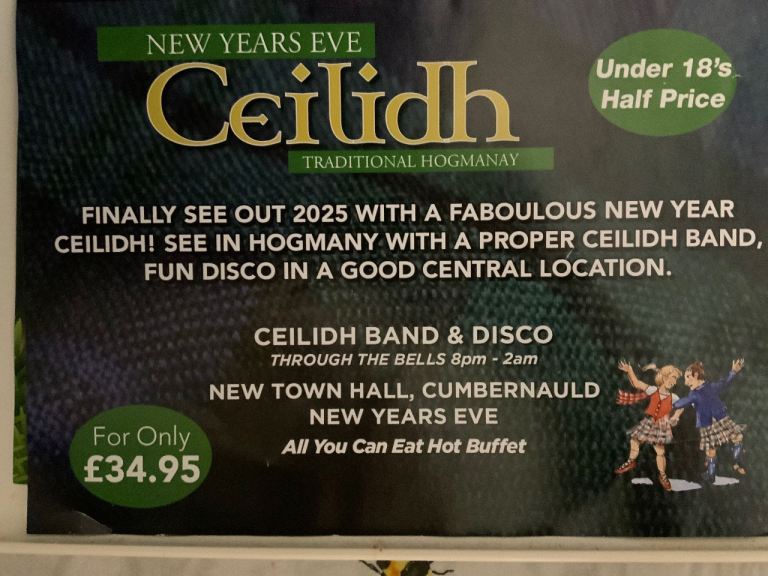 Ceilidh, New Year’s Eve. Traditional Hogmanay and fun disco.