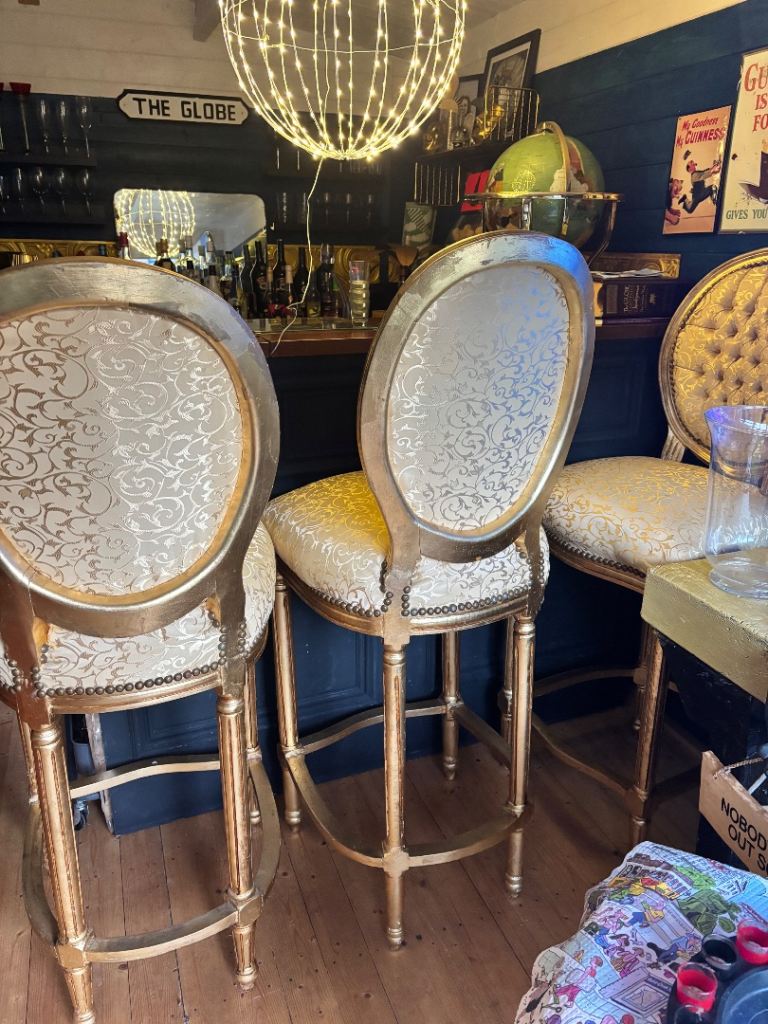 Collection only - three Gold Bar Stools with Patterned Upholstery