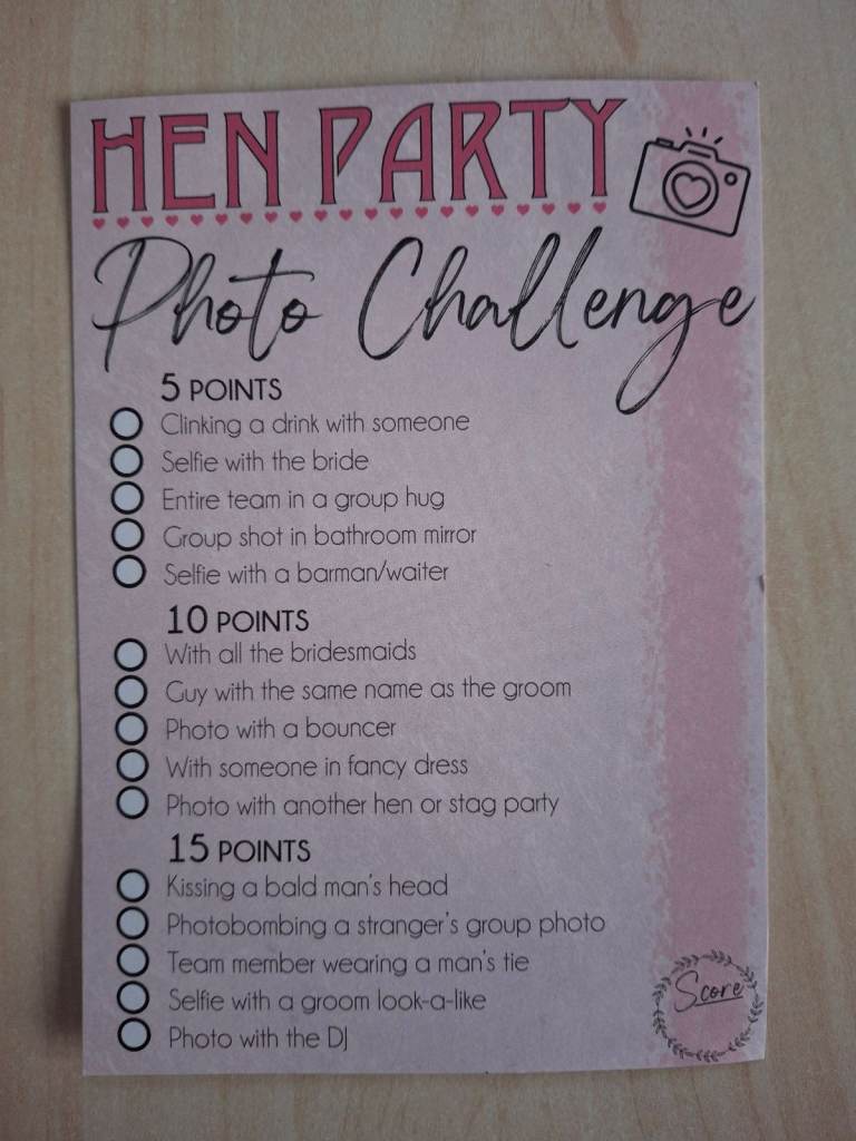 Hen Party Photo Challenge Card.