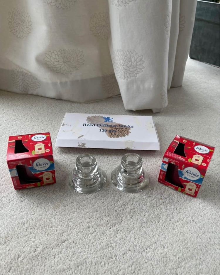2 Glass Candle Sticks, Reed Diffuser Sticks, 2 Febreze Apple and Spice Candles. New