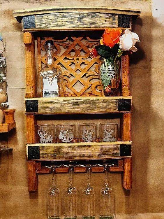 Whisky Wall Bar Wine Whisky Glasses Shelf Wall Decorative Rustical Home Pub Bar Handmade