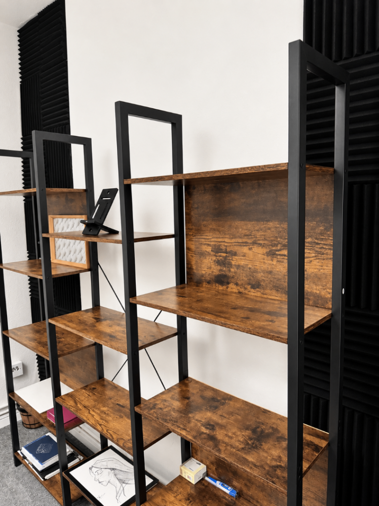 Industrial 14-Shelf Bookcase – Rustic Brown & Black Metal