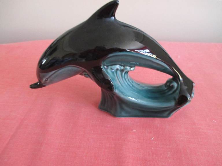 VINTAGE POOLE POTTERY DOLPHIN LEAPING OVER WAVES - BLUE/BLACK - 17CM - 1970