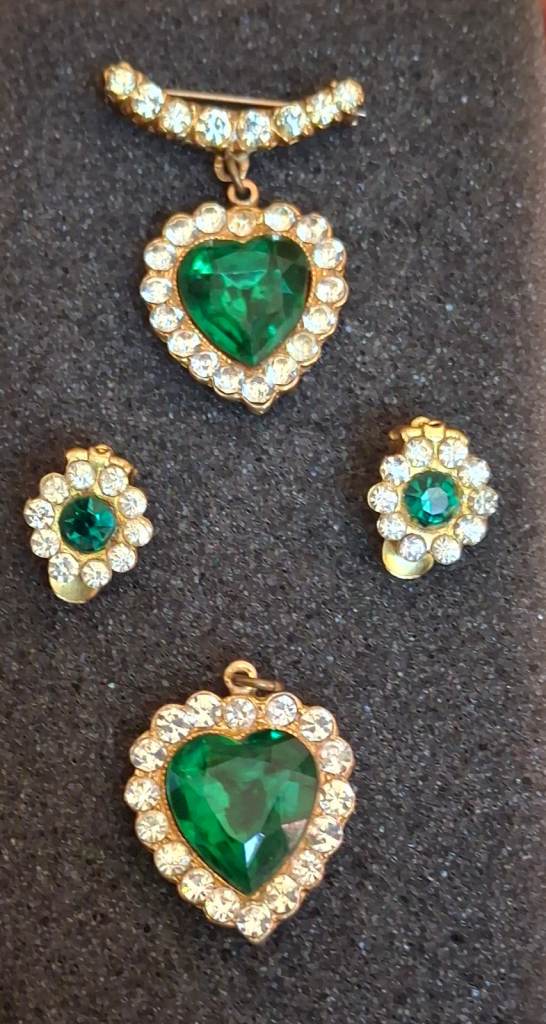 A Selection of Vintage Gold Tone Costume Jewellery with Green and Clear imitation Jewels