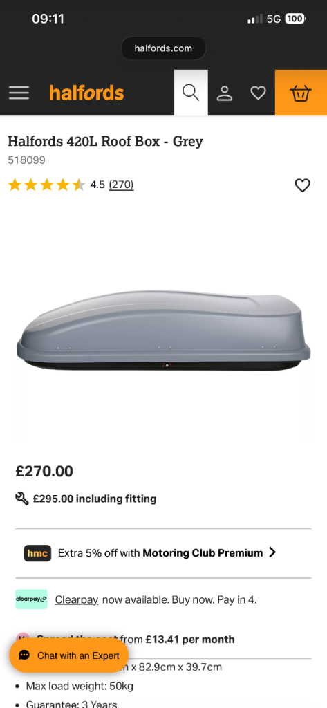 Halfords roof box 420ltr 