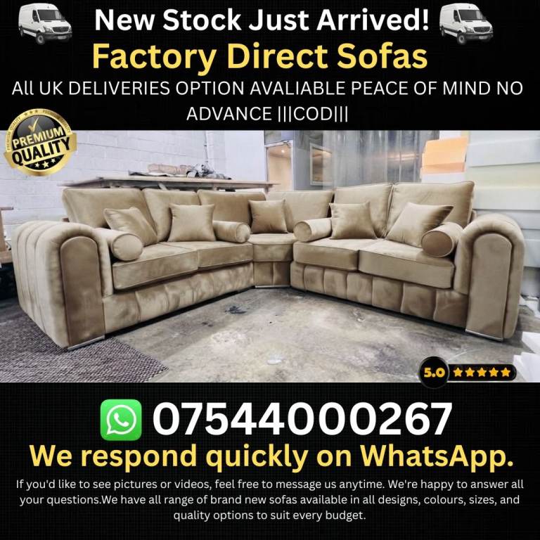 Brand New Factory Direct Corner Sofa – Beige Velvet