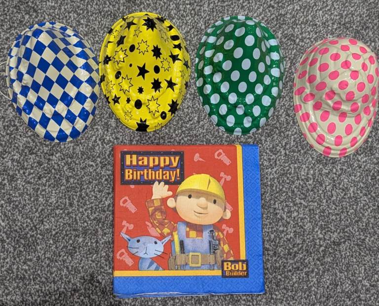 BUNDLE OF KIDS ADULTS PARTY HATS LOOT BAGS BALLOONS TABLECOVER NAPKINS FOOD BOXES