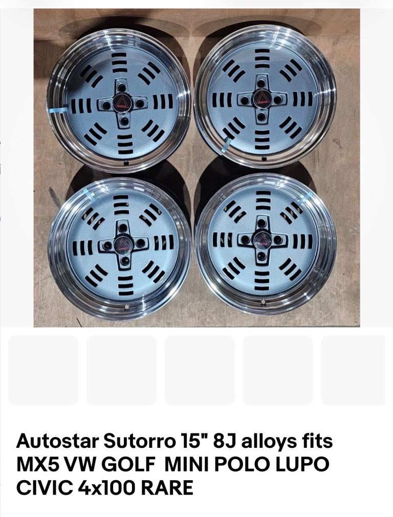 auto star sutorro 15” x 8” 4x100 polo golf civic mx5 manta astra corsa 