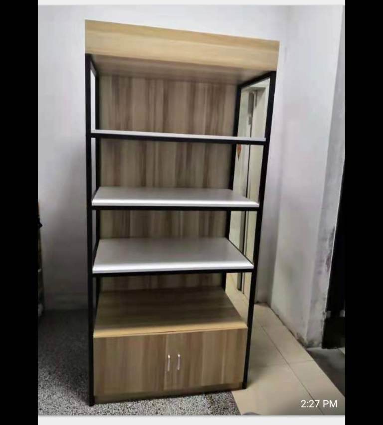 Modern Wood & Metal Display Shelf with Cabinet – Good Condition