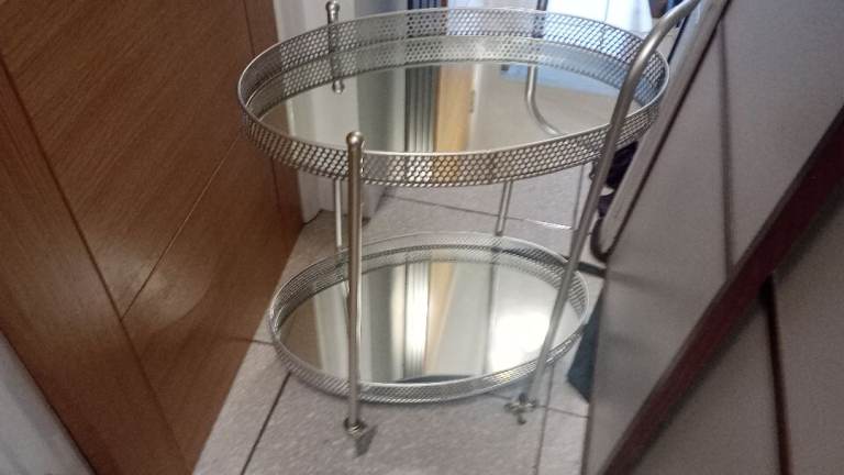 Silver Metal Two-Tiered Side Table with Mirrored Tops