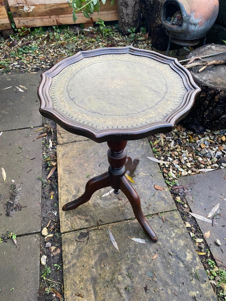 image for Antique pie crust mahogany & leather side table