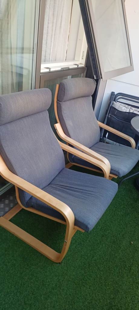 Pair of IKEA Poäng Armchairs – Blue Cushions, Light Wood Frame