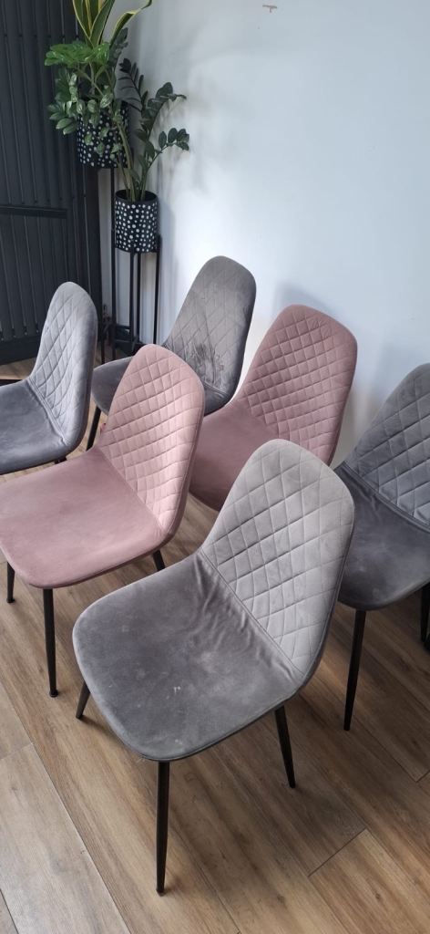 6 Velvet Dining Chairs – Pink and Grey, Good Condition