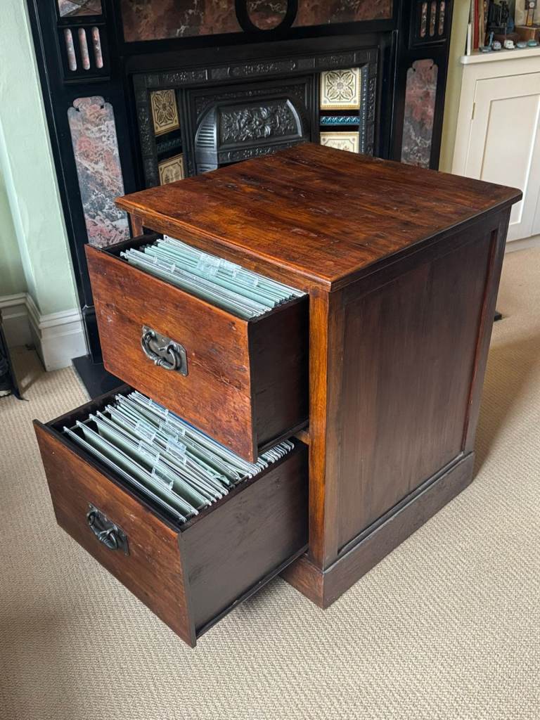 Solid timber two-drawer vintage filing cabinet