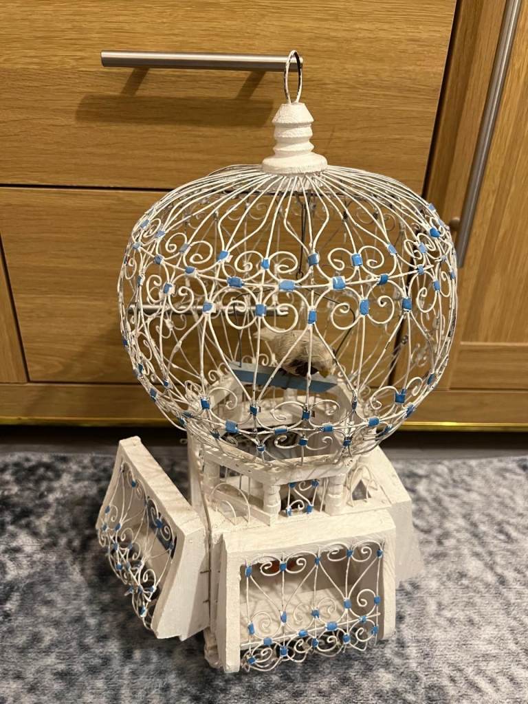 Cage for birds Pet Cage, never used as new made of metal and wood white and blue