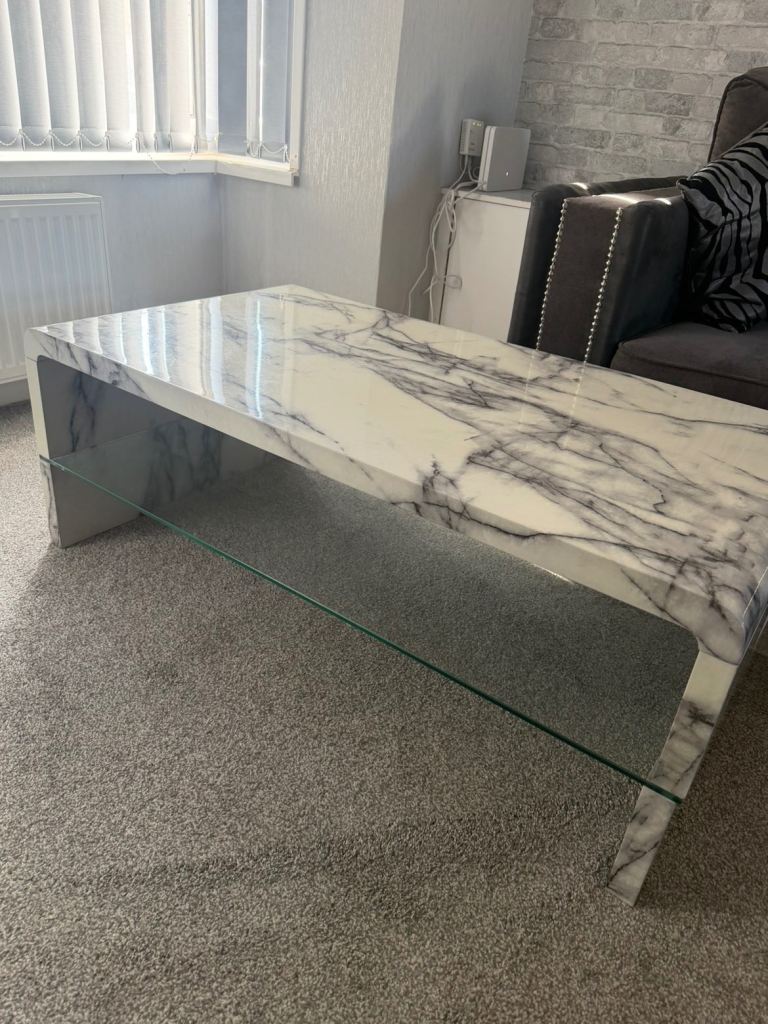 White Marble Effect Coffee Table with Glass Shelf