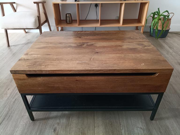 West Elm solid mango wood industrial storage pop up coffee table 