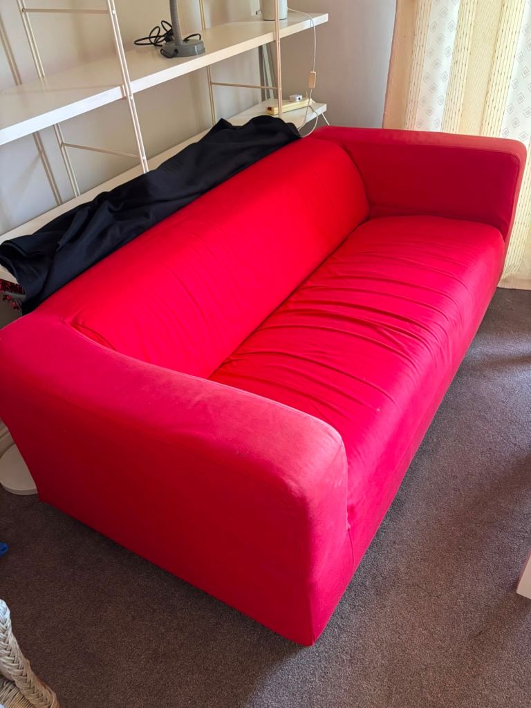 2 IKEA Klippan red sofas with removable washable covers – Slightly worn