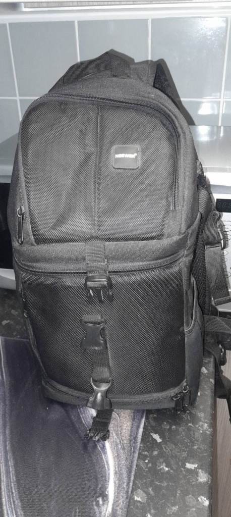 Black Camera Backpack with Red Interior – Good Condition
