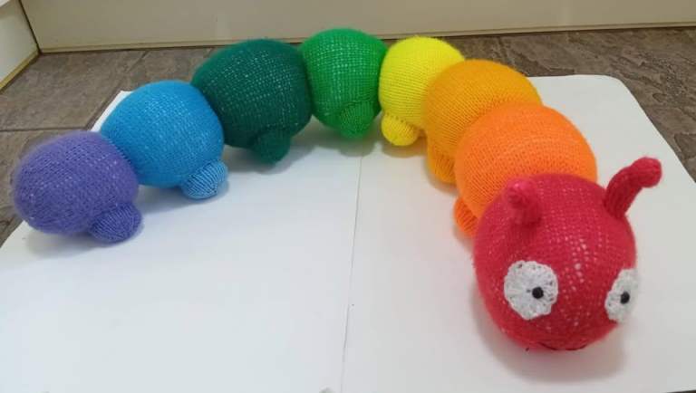 Extra large Hand Knitted Multi Coloured Giant Caterpillar/Centipede Toy/ Draft Excluder 102cm long