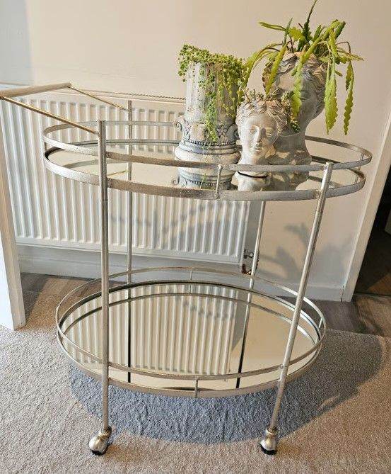 Brushed antique silver & mirror bar trolley / drinks trolley / serving trolley Luxury Style