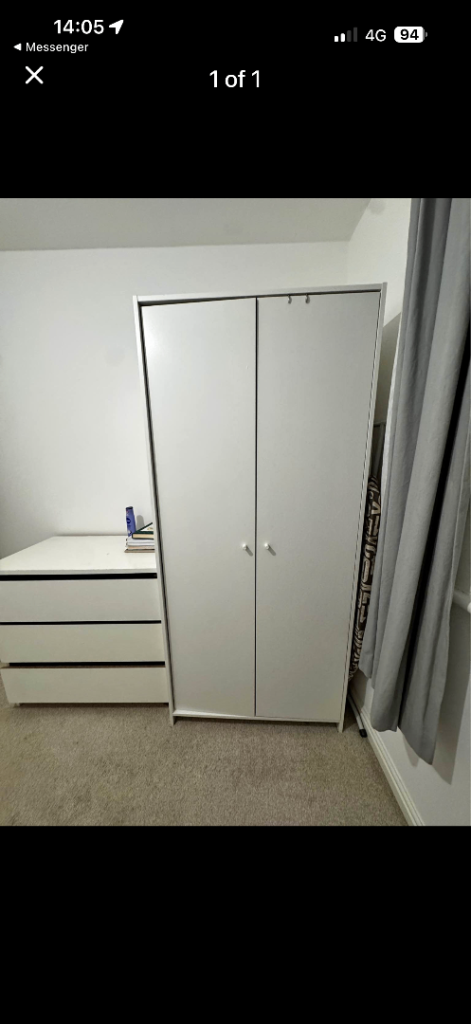Free delivery White Wardrobe with Hanging Rail and Shelf – Good Condition