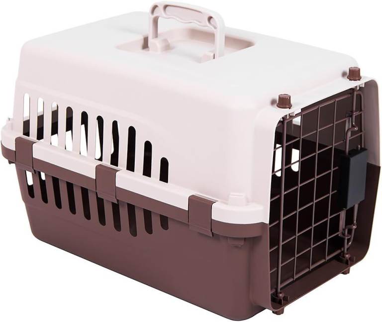 Pet Carrier, Animal Cage Cat Dog Transport Box Spring Lock Door, White & Brown
