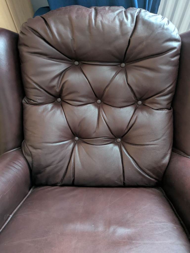 Chesterfield Leather Armchair Queen Anne Legs Dark Brown